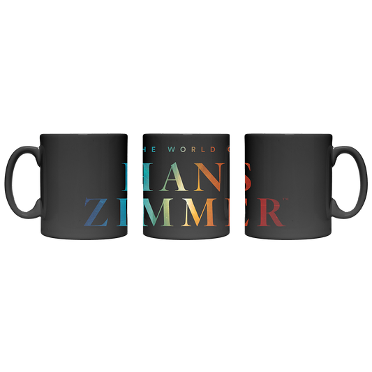 Three black mugs with colorful text on a white background