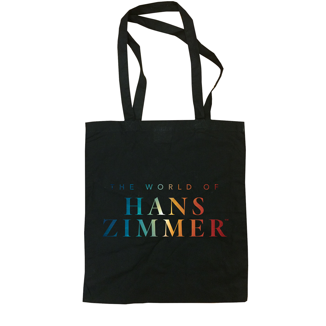 Black tote bag with 'The World of Hans Zimmer' text in colorful letters on a white background