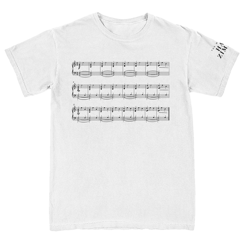 White t-shirt with black musical notes design on a white background