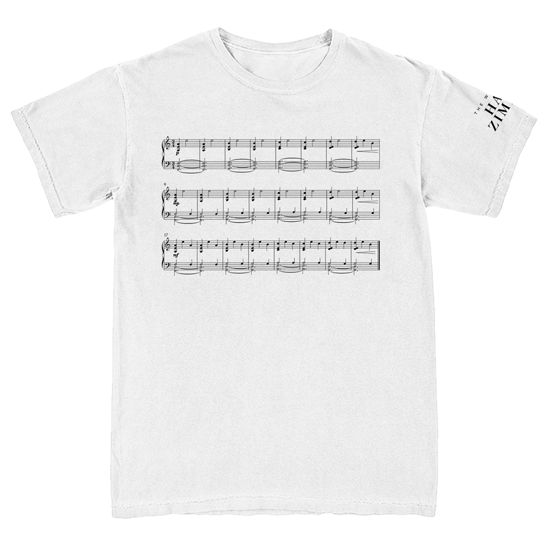 White t-shirt with black musical notes design on a white background