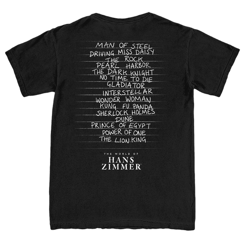 Black t-shirt with white text listing famous movies and 'The World of Hans Zimmer' on a white background