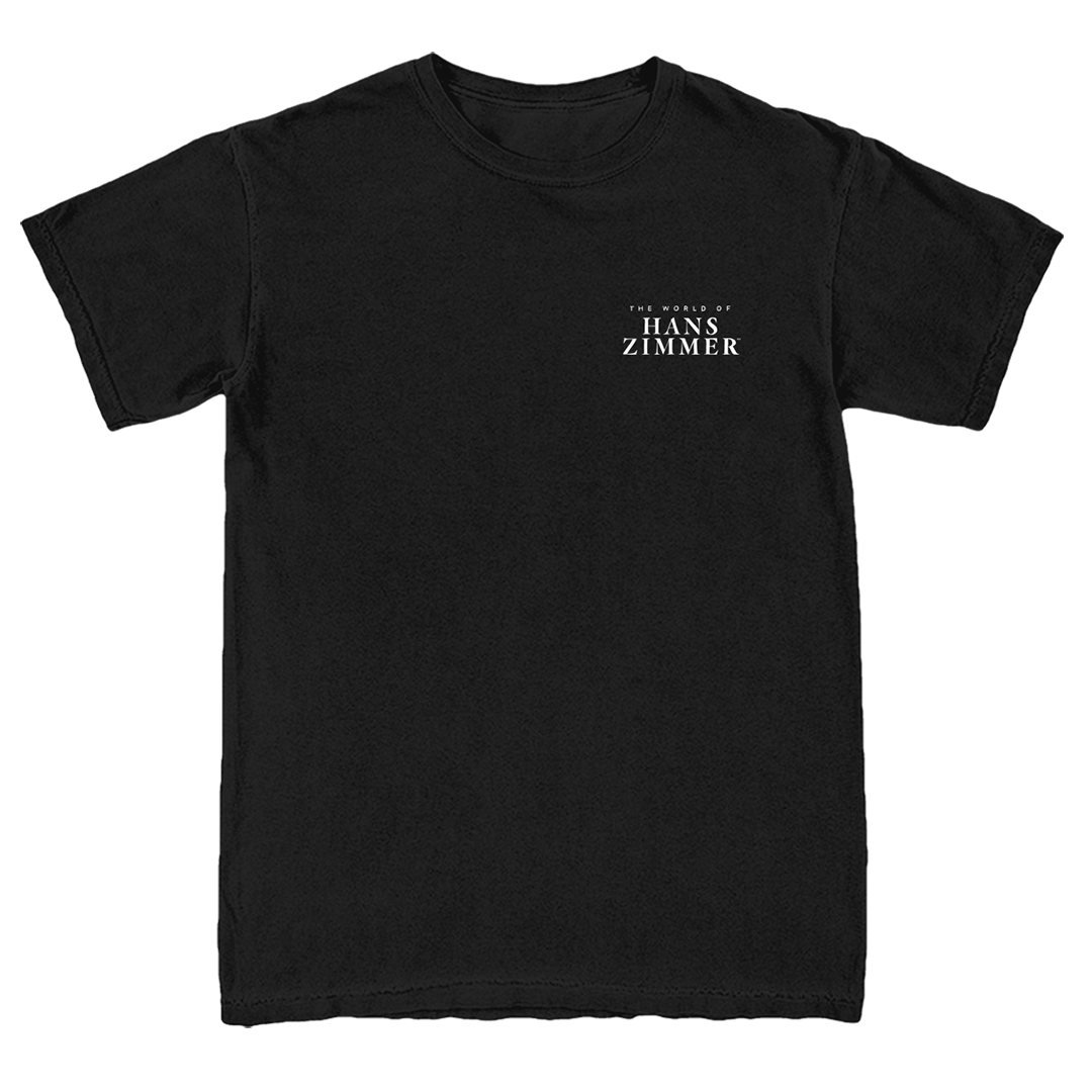 Black t-shirt with 'The World of Hans Zimmer' text on a white background