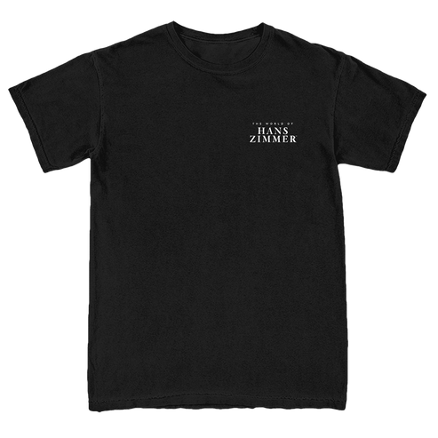 Black t-shirt with 'The World of Hans Zimmer' text on a white background