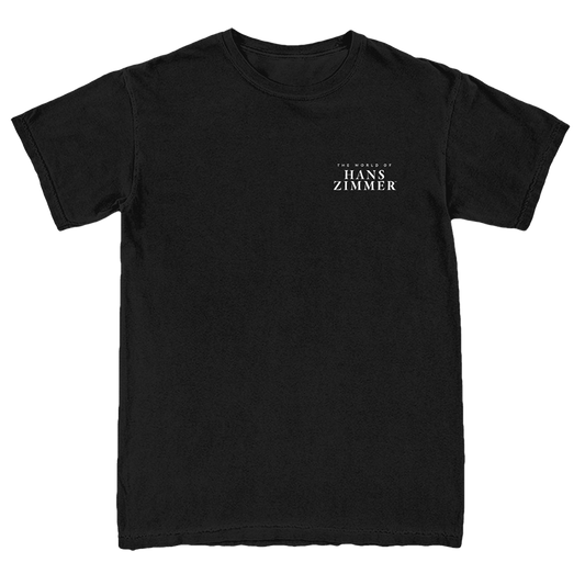 Black t-shirt with 'The World of Hans Zimmer' text on a white background